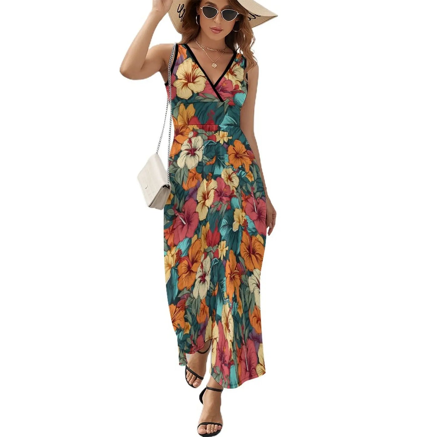 lovwvol Tropical Print Dress Female Orange Flowers Vintage Maxi Dress V Neck High Waist Aesthetic Design Boho Beach Long Dresses