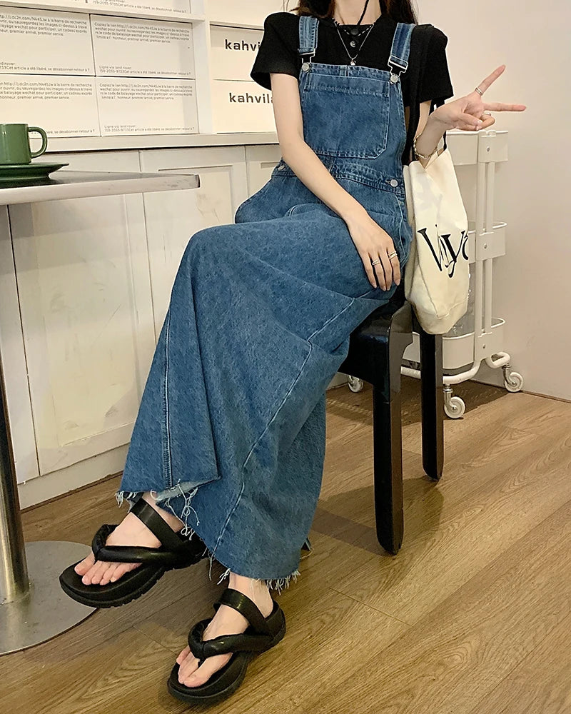 lovwvol SML Women Loose Ladies Vintage Long Denim Dress Female Tassel Spaghetti Strap Jeans Denim Dresses Female (78913