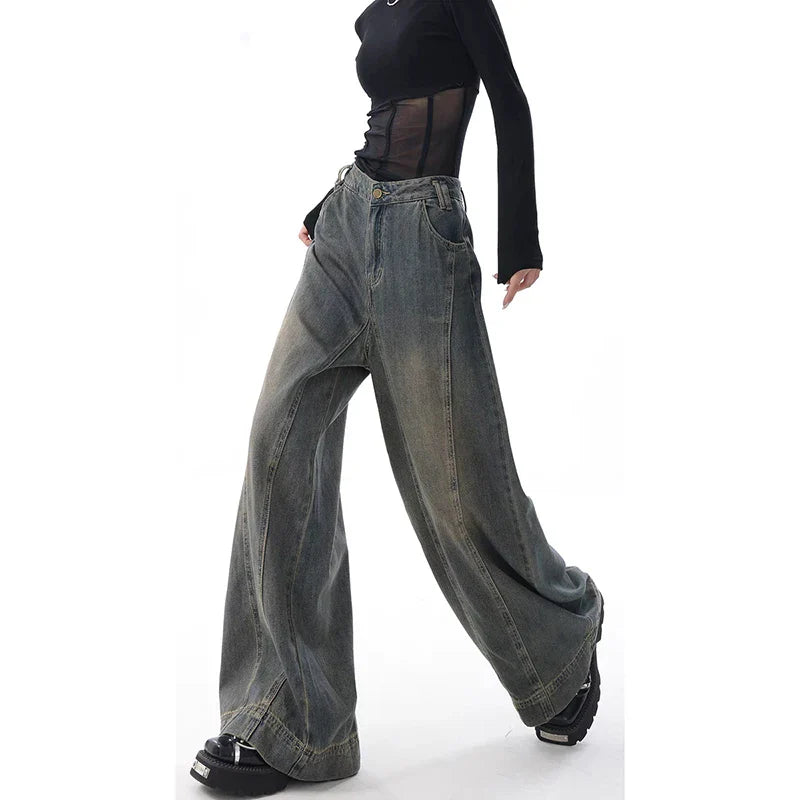 lovwvol - Harajuku High Waist Oversized Jeans Pants For Women Casual Baggy Y2K Wide Leg American Retro Grunge Streetwear Denim Trouser