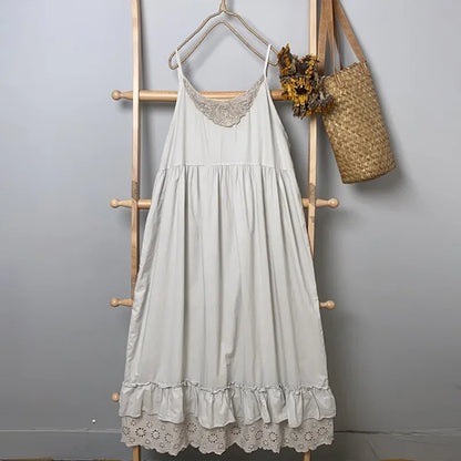 Summer Cotton Spaghetti Straps Sleeveless Midi Dress Mori Girl Elegant Vintage Edwardian Lace Layered Flare White Sun Dress