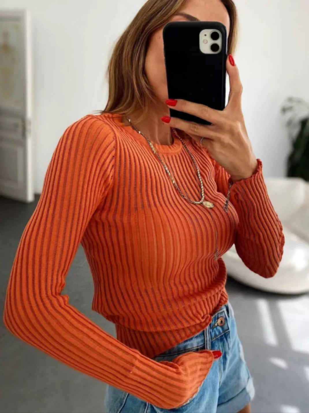 White Ribbed Knit T-Shirts Ladies See-Through Rib Sweater Tops Spring New Outfits Pullover Long Sleeve Casual Top Tees