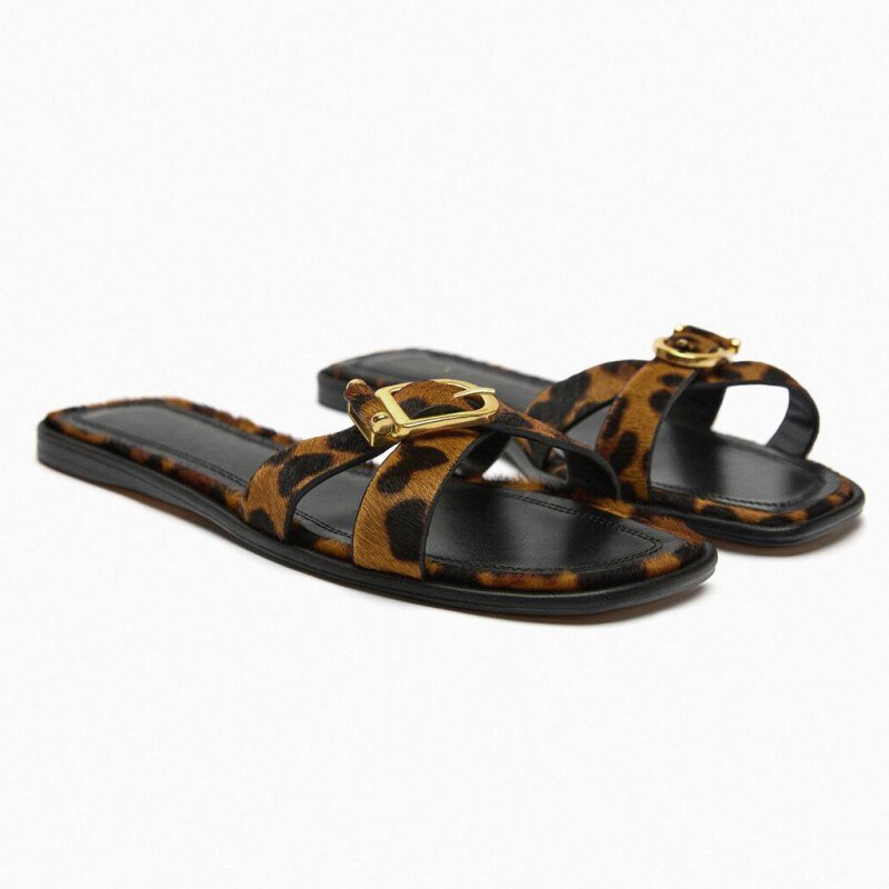 Summer Gold Buckle Women Flat Slippers Brown Leather Women Slides Casual Open Toe Gladiator Sandals Woman Plus Size Shoes42