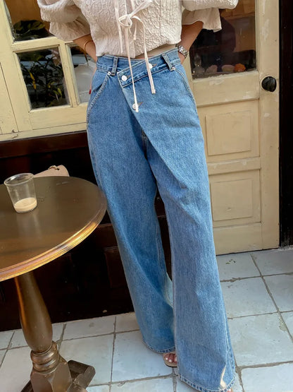 lovwvol  -  Y2K Fashion Incline Buckle Washed Blue Baggy Jeans Pants For Women Clothes Straight Korean Casual Denim Trousers Ropa Mujer