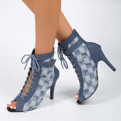 Blue Denim High Heels Boots Women 2023 Autumn Pointed Toe Peep Toe Ankle Boots Woman Plus Size 42 Zipper Thin Heeled Short Botas