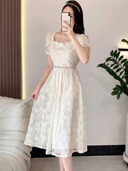 lovwvol New French Elegant Embroidery Short-Sleeved Summer Dress Women Fashion Luxury Diamond Beads Hollow Floral Dress