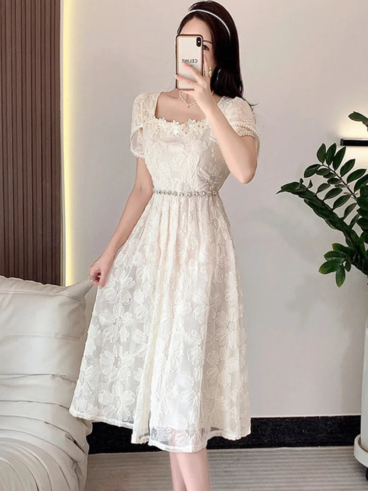 lovwvol New French Elegant Embroidery Short-Sleeved Summer Dress Women Fashion Luxury Diamond Beads Hollow Floral Dress