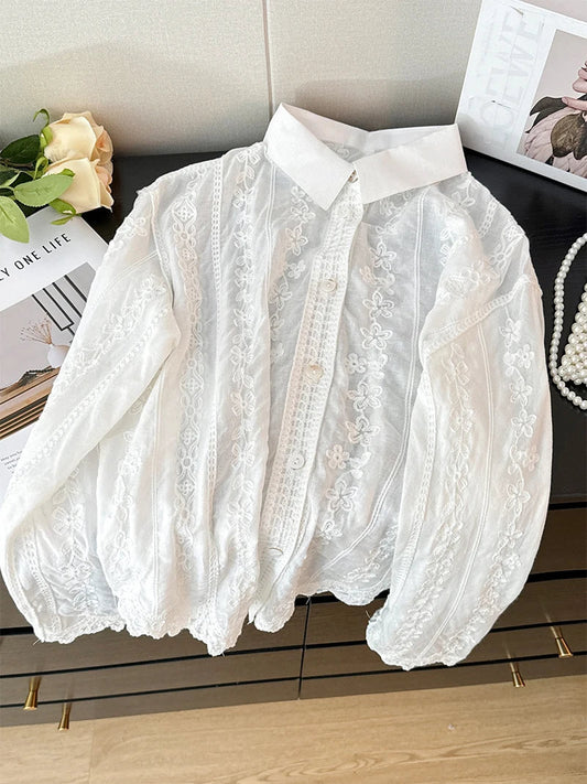 lovwvol  Blusas Mujer De Moda 2024 New Style Turn Down Collar Heavy Embroidery Sweet Shirts Single-breasted Vintage French Women Blouses