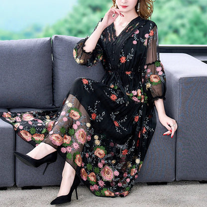 lovwvol New 2024 Women's Summer Runway Embroidered Long Dress Ladies V-neck Lantern Sleeve Mesh Vintage Party Dress