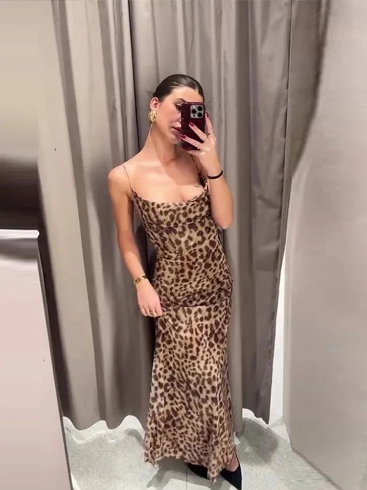 lovwvol New Leopard Print Sling Maxi Dress For Women 2024 Summer Elegant Backless Sleeveless Slip Long Dress Female Sexy Party Vestidos