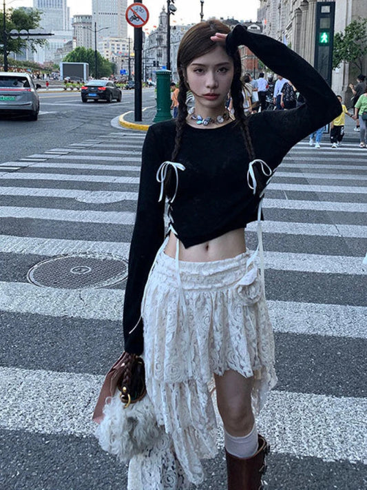 lovwvol Lace Crochet Irregular Streetwear Sweet Skirts Y2k Aesthetic 3D Flower High Waist Skirt Ruffled Women Fairy Sexy Harajuku Faldas