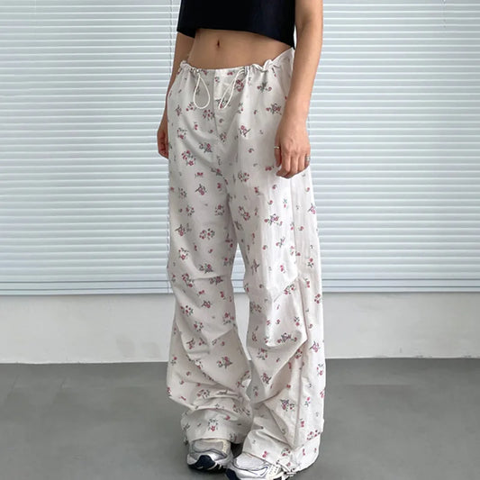 lovwvol  -  New Arrive Hip-Hugger Women Long Trousers Casual Wide Leg Trouser Full-Length Loose Pink Flower Printed Shivering White Pants