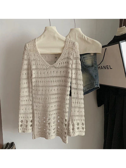 lovwvol Girl Pullover Flare Sleeve Office Lady Autumn Winter Simple V-Neck Hollow Out Knitwear Jumper Casual Basic Casual Oversize