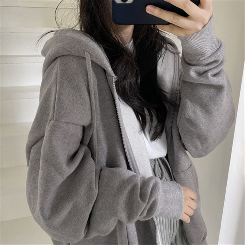 lovwvol Women Hoodies Harajuku Korean Version Zip Up Loose Oversized Sweatshirts Casual Solid Color Long Sleeve Hooded Sweatshirt Coats