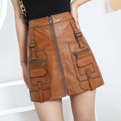 lovwvol Sexy Women High Waist Buckle Pockets A Line Mini Skirt Vintage Oil Wax Soft Sheepskin Genuine Leather Skirt Short Female Faldas