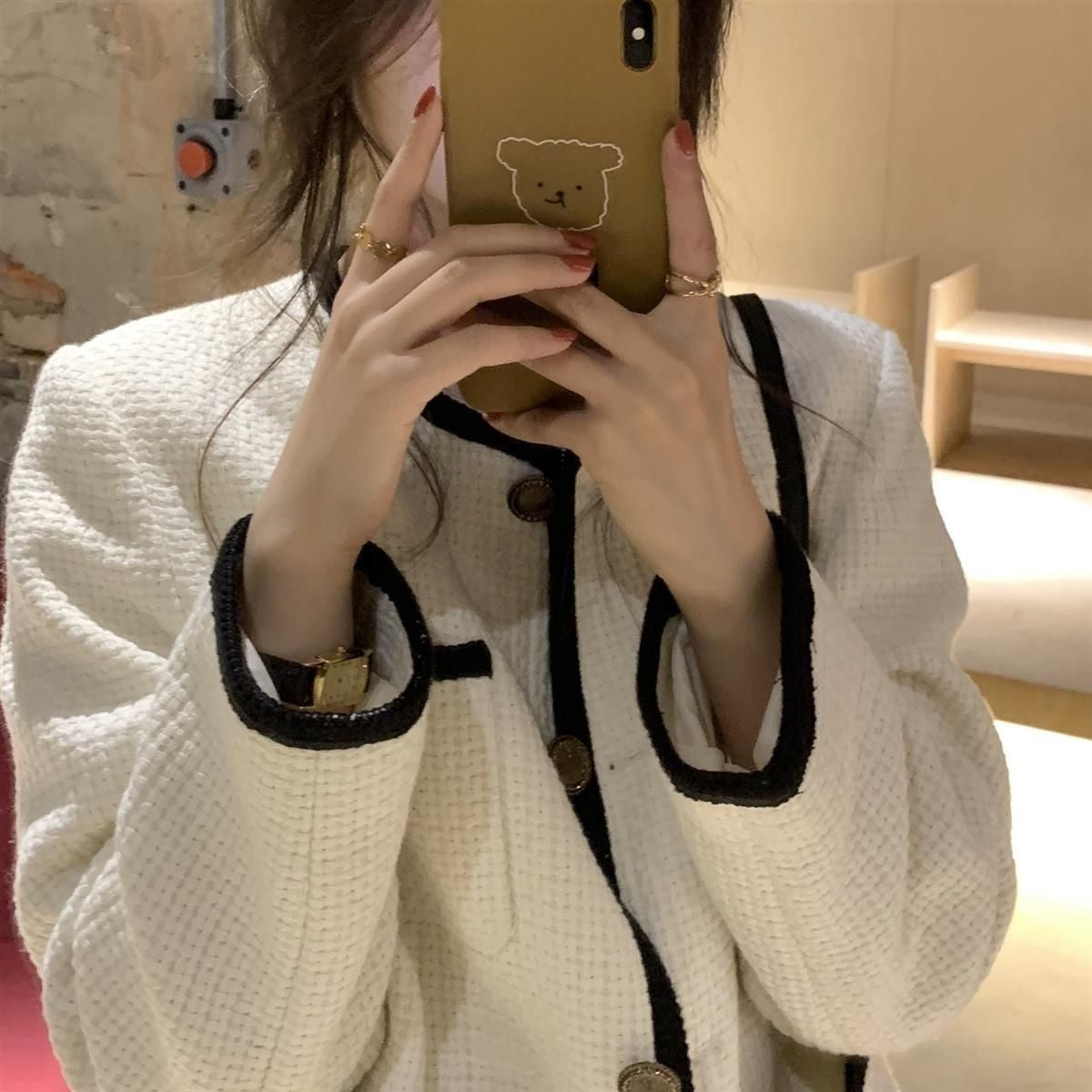 Korean Female White Tweed Basic Jacket Coat Women Clothing Outerwear Coats Channel Style Suit Cropped Stripeed Kawaii Channel