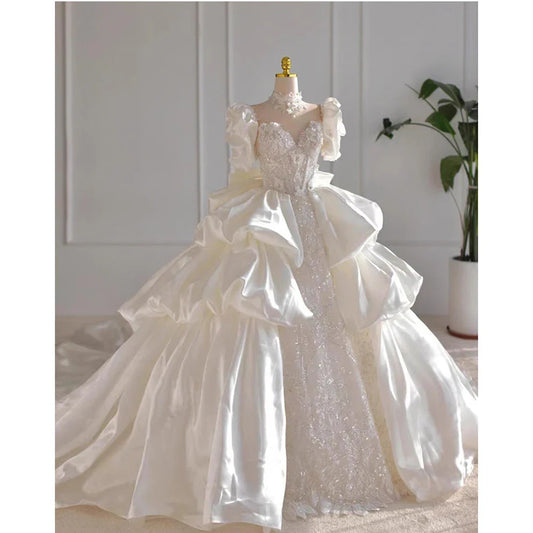 lovwvol Women's Wedding Dress Fashion and Elegant V-neck Puff Sleeves Sequin Bow Ribbon Cathedral Train Ball Gown High Quality Custom