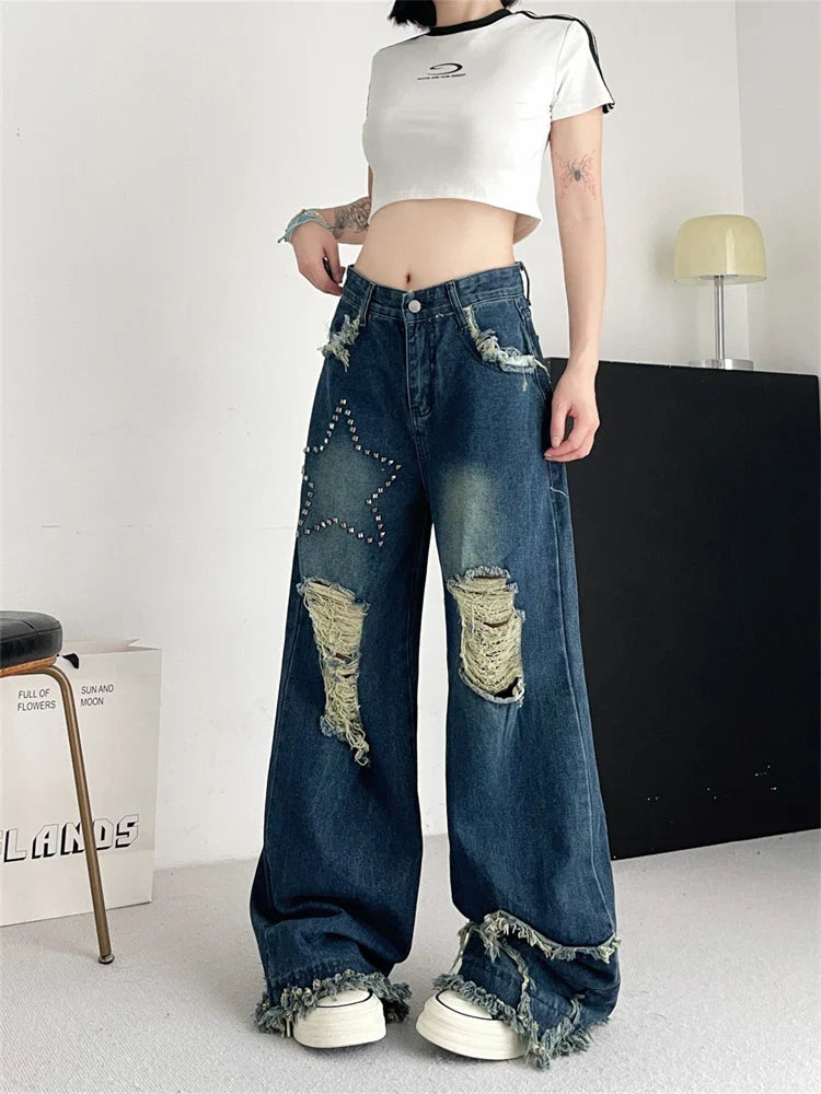 lovwvol Women's Broken Hole Tassel Star Jeans Young Girl Straight Denim Trousers Vintage Street Style Bottoms Female High Waisted Pants