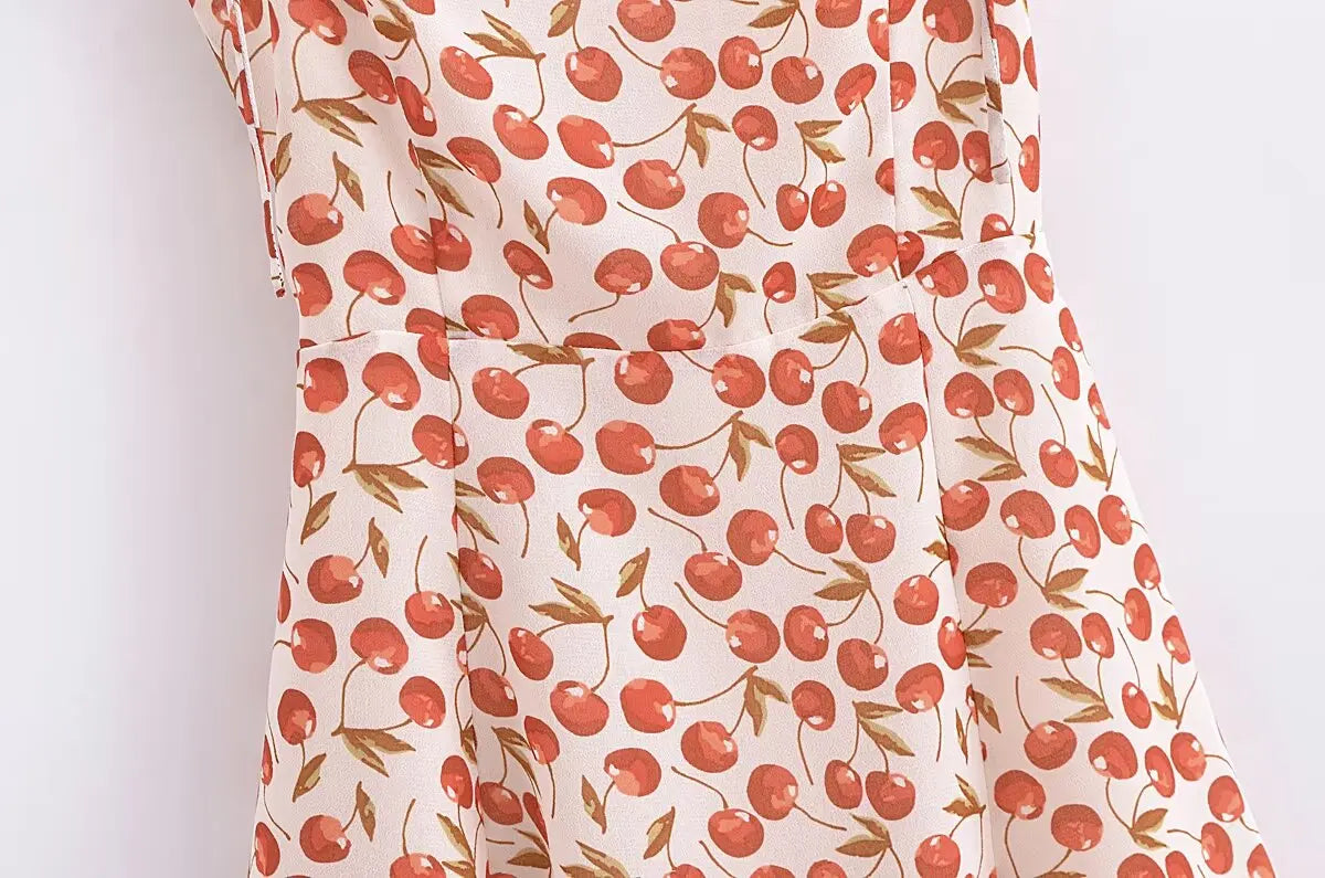 lovwvol French Vintage Cherry Print Sling Dress Women Sexy Spaghetti Strap A-line Short Chiffon Summer Dress Holiday Robe