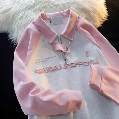 lovwvol  -  College Style Half Zip Up Hoodie POLO Collar Harajuku Sweatshirt Autumn Contrasting Raglan Sleeves Top Streetwear Women