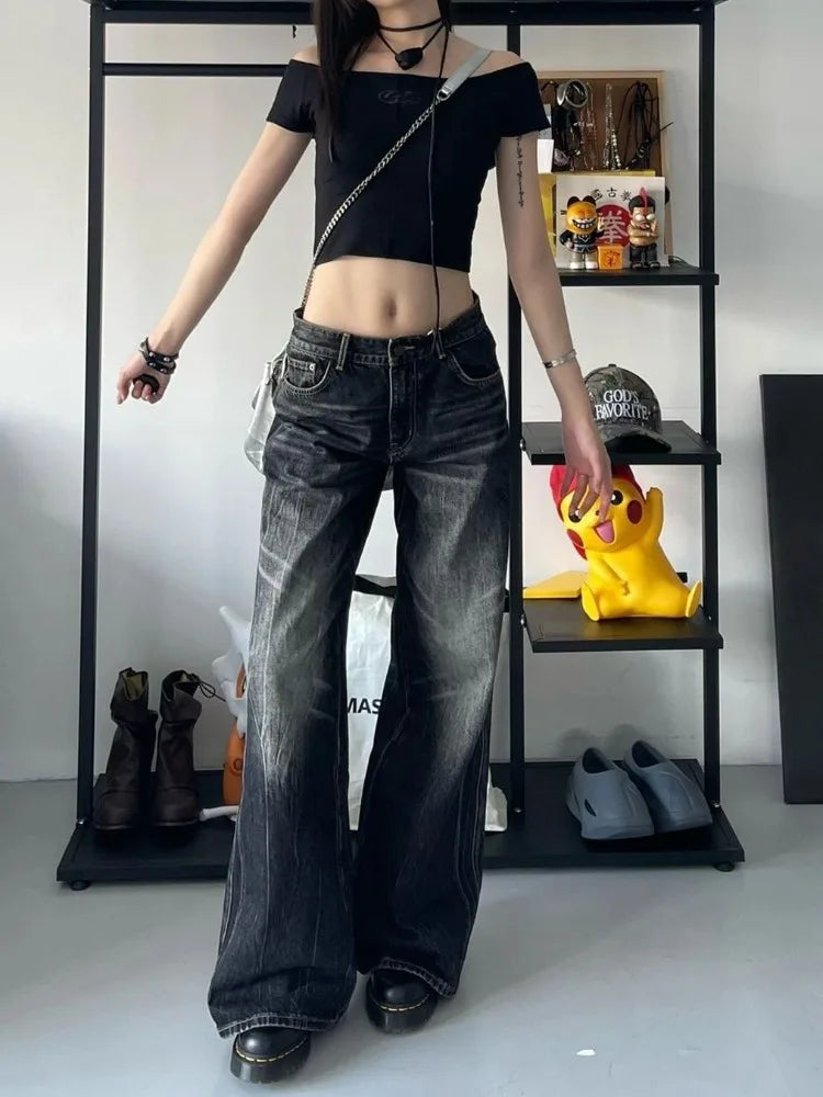 lovwvol Grunge Y2k Black Jeans Women Baggy Vintage High Street Oversized Denim Trousers Gothic Gyaru 2000s Acubi Fashion Jeans