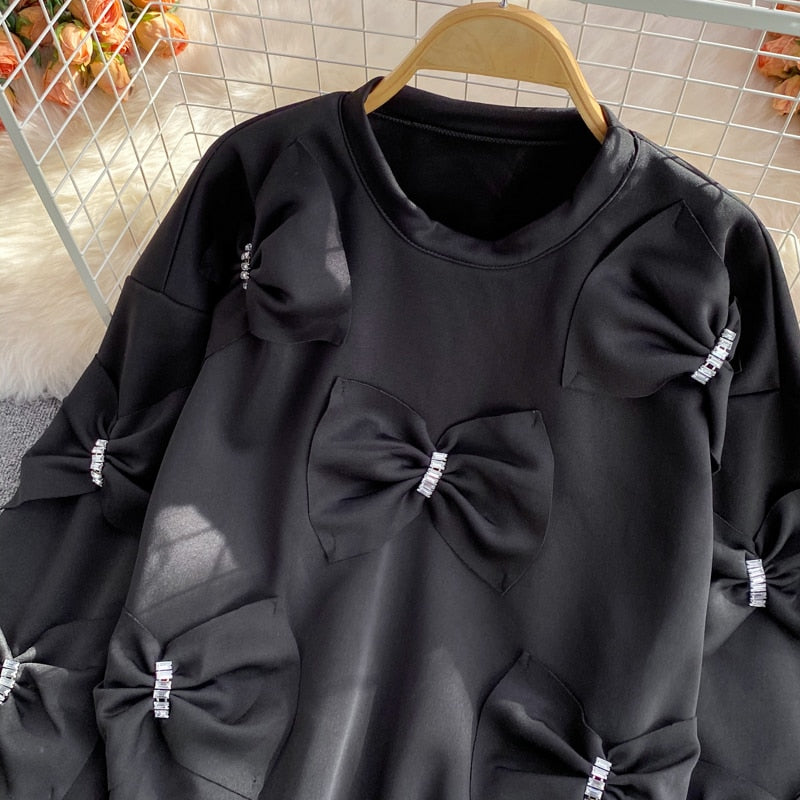 lovwvol     Korean Diamonds Bowknot Pullover Sweatshirt Causal Long Sleeve O-neck Hoodies Autumn New Sweet Women Jumper 2023 6E145