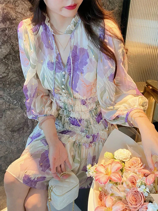 lovwvol Floral Mini Dress Women Short Sleeve Elegant Korean Dress Party Office Lady 2022 Summer Vintage Boho Beach Sundress Female Chic