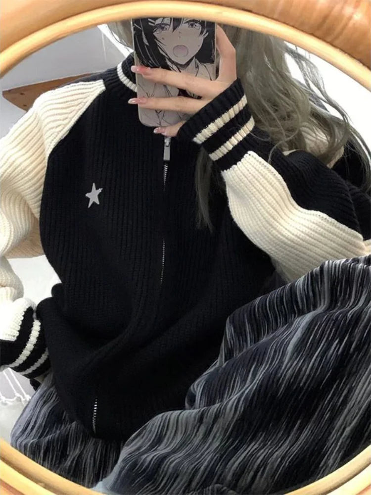 lovwvol  -  Y2k Aesthetic Knitted Jacket Vintage Zip Up Cardigan Women Star Patch Striped Harajuku Loose Sweater Coat Grunge Streetwear