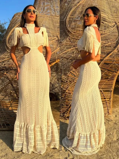 lovwvol Sexy White Lace Women Dress Turtleneck Tassel Sleeve Slim Naked Waist Hollow Out Long Dress Summer Beach Female Knit Robe