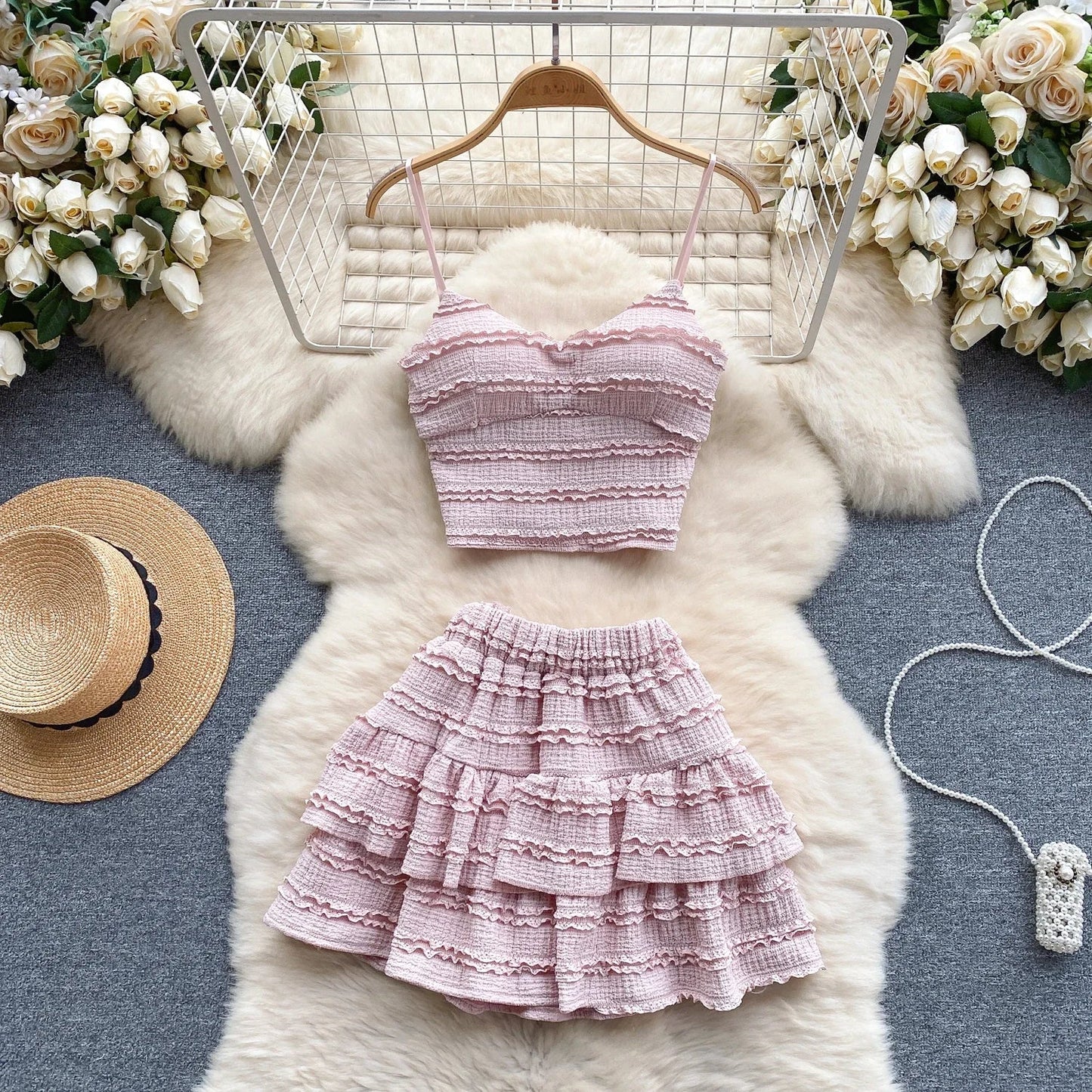 2024 Sweet Ruched Two Pieces Sets V Neck Strap Crop Tops+Short Pleated Skirt Women Korean Style Chic Summer Beachwear Suits