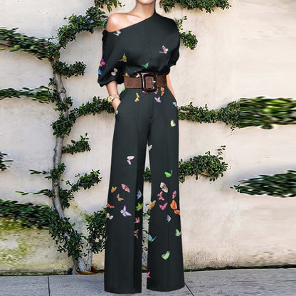 lovwvol Women Commute Fashion Jumpsuits Summer Printed Casual One Shoulder Short Sleeve Wide-leg Pants Playsuits Elegant Holiday Rompers