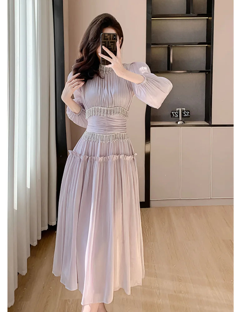 French Women Designer Fashion Organza Stand Collar Party Dress Luxury Spring Diamonds Tassel Ruffles Puff Sleeve Slim Midi Dress