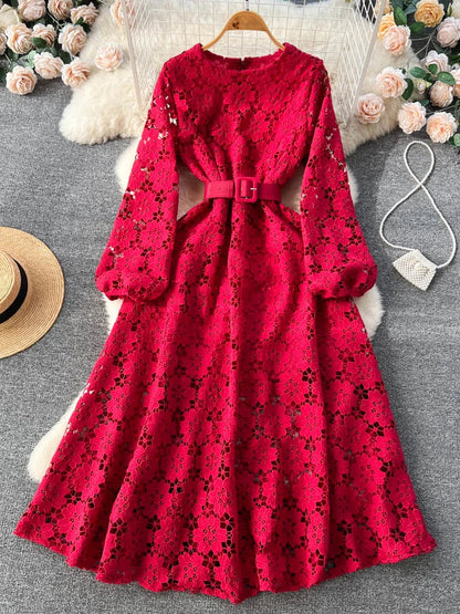 lovwvol Spring Autumn Women Hook Flower Hollow Party Long Dress Vintage Round Neck Puff Sleeve High Waist A-Line Maxi Vestidos New 2024