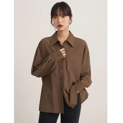 lovwvol Vintage Brown Shirts Women Blouses Office Wear Long Sleeve Elegant Ladies Casual Korean Fashion Loose Autumn Shirts