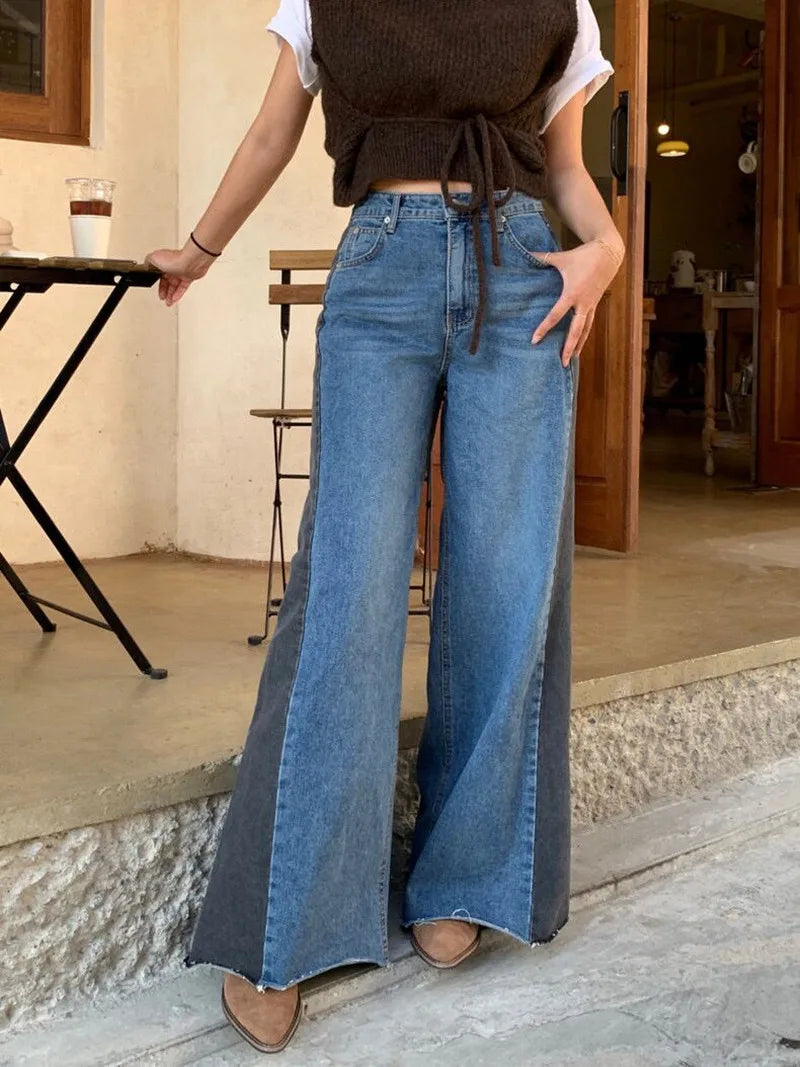 lovwvol  -  Y2K Fashion Patchwork Vintage Blue Baggy Flare Jeans Pants For Women Clothes Loose Wide Leg Denim Trousers Pantalon Femme