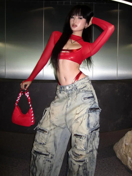 lovwvol  -  See Through Slim Women Hollow Out Harajuku T-shirt Sexy Y2k Aesthetic Mesh Harajuku Red Tshirts Streetwear Red Grunge Crop Tops