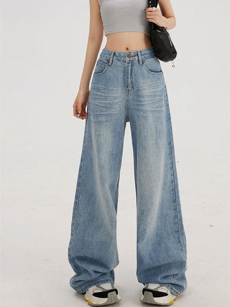 lovwvol Women's Light Blue High Waisted Jeans Young Girl Street Straight Bottoms Vintage Baggy Trousers Female Wide Leg Denim Pants