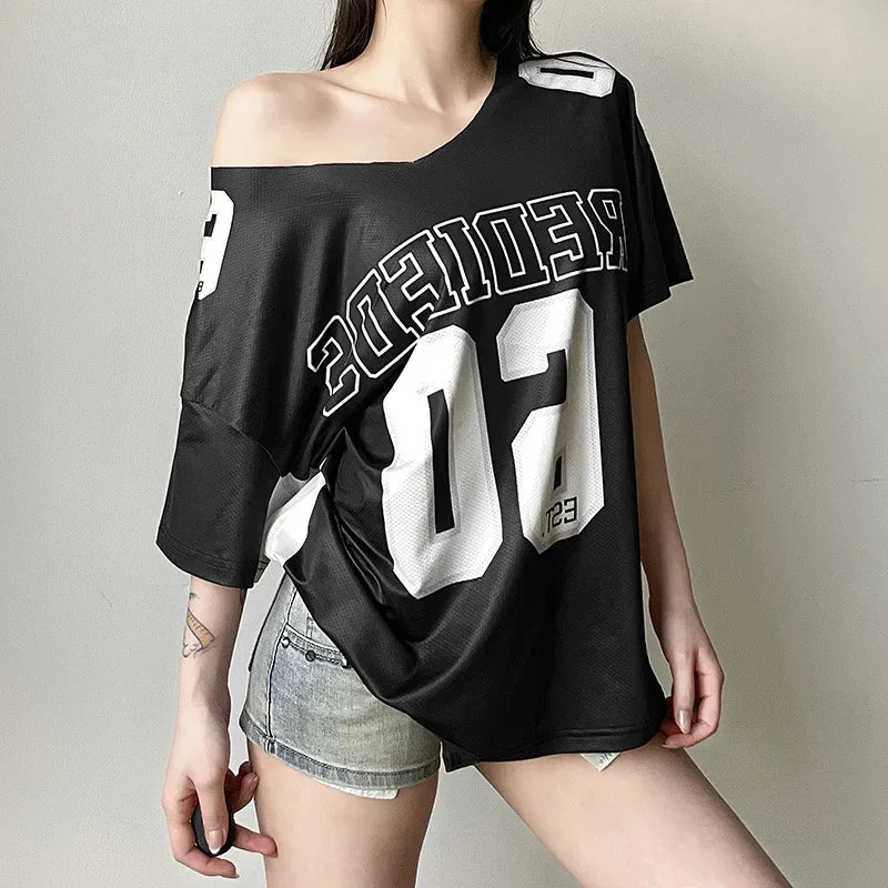 lovwvol  -  Y2k Aesthetic Summer Letter Printing T-shirts Harajuku Patchwork Loose Oversize Tops Women Harajuku Skew Collar Casual Tees