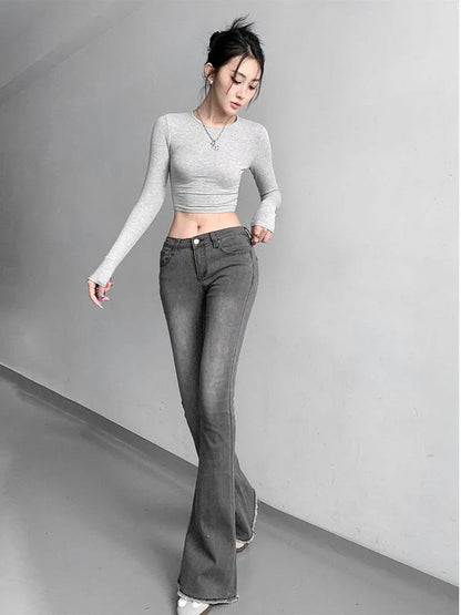 lovwvol Women's Grey Slightly Flared Skinny Jeans Summer New Simple Style Thin Denim Narrow Pants Female Bell-bottoms Trousers