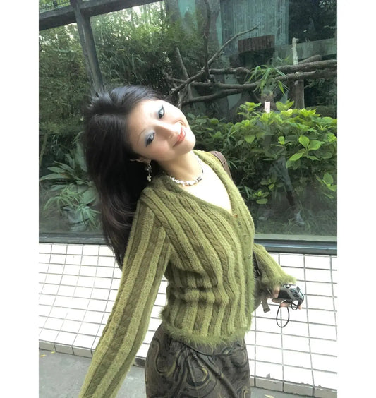 lovwvol  -  Green Vertical Striped Knitted Cardigan Women Slim V-neck Long Sleeve Y2k Vintage Cardigan Sweater Fariycore Top 2000s