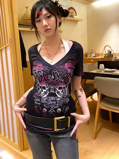 lovwvol  -  Gothic Punk T-shirt Women Y2k Aesthetics V Neck Slim Tops Summer Harajuku Fairy Grunge Streetwear Vintage Tshirt Camisetas Tees