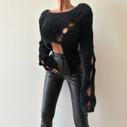 Sweater Women's Autumn New Style Millennial Hot Girl Pure Desire Short Irregular Hollow Knitted Sweater Loophole Top