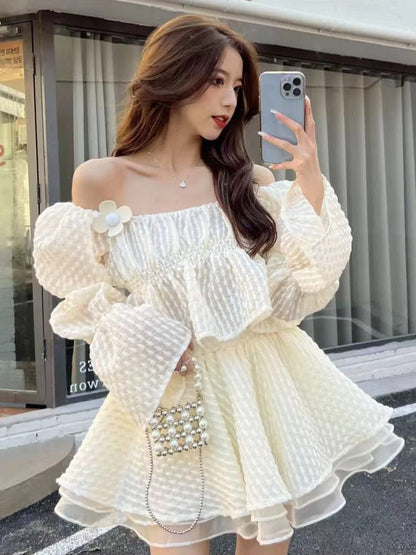 New Summer Korean Sweet Two Piece Set Women Short Shirt Blouse Crop Top + Mesh Cake Skirt Suits Fashion Fairy 2 Piece Suits