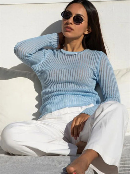 lovwvol Ribbed See-Through Knit Pullover Female Hollow Out Slim Solid Long Sleeve Top Sheer Casual Knitwear Ladies Pullover Summer