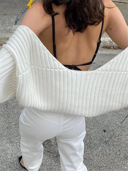 lovwvol White Women Sweater Shrugs Cropped Top Full Lantern Sleeve Knitwear Pullover Sexy Summer High Street Outwear Spring