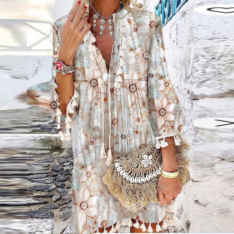 Women Vintage Print V Neck Tassel Mini Dress Casual Loose Three Quarter Sleeve Beach Dress  Spring Summer Party Dress Femme