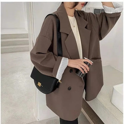 Vintage Brown Blazer Women Elegant Official Ladies Spring Autumn Fashion Long Sleeve Oversized Chic Casual Suit Jacket