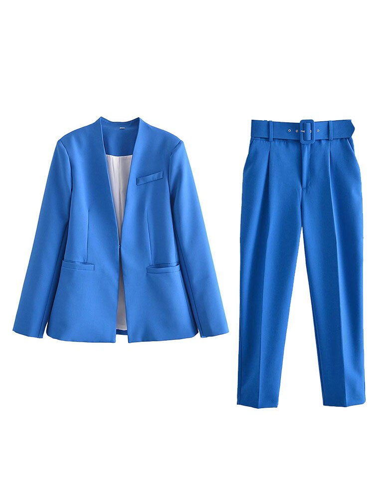 Women Fashion Two Pieces Sets Office Wear Blazers Coat And With Belt High Waist Pants Female