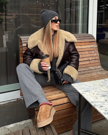 Fashion Lapel Lamb Wool Leather Jacket Women 2023 Winter Long Sleeve Zipper Thickened Coat Casual Chic Female Warm Outerwear