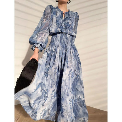 French Style Elegant Print Dress for Women  Summer Fashion Chic Long Sleeve Lace-up Female Dress Temperament Midi Dresses