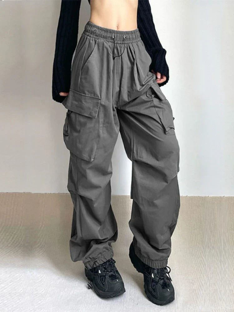 lovwvol Women Oversized Cargo Parachute Pants Y2k Vintage Streetwear High Waist Joggers Hippie Baggy Harajuku Wide Leg Sweatpants